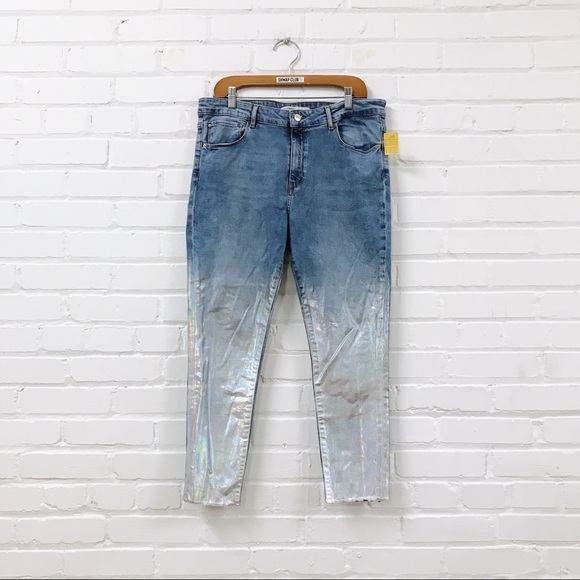 ZARA silver shiny dip straight leg jeans high rise